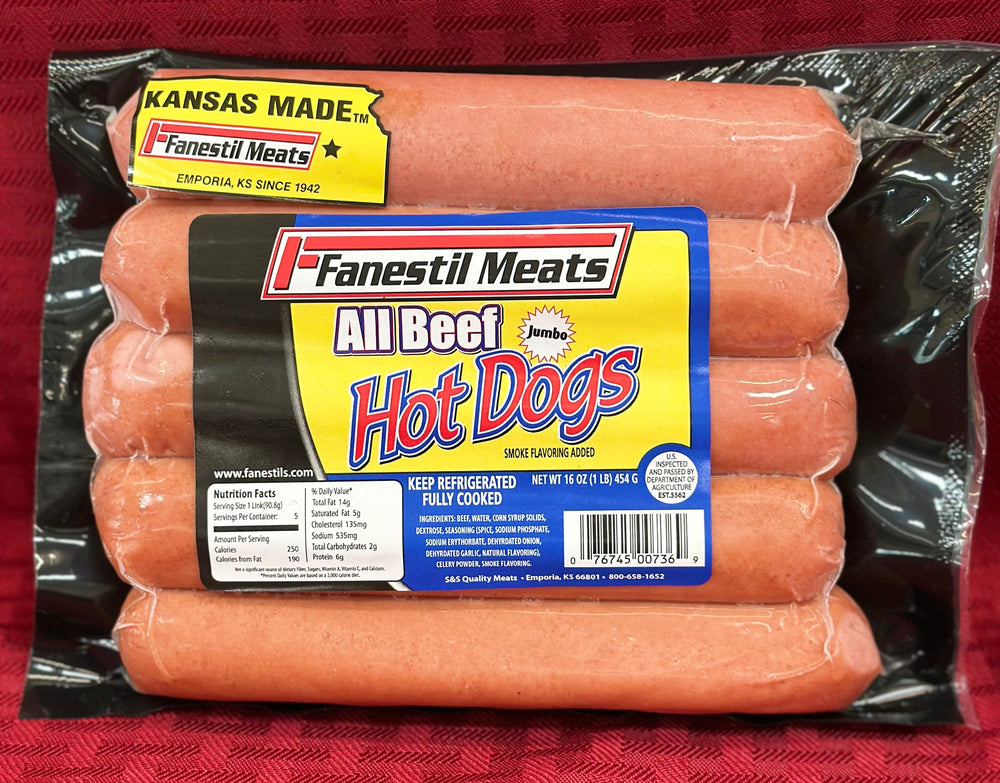 Fanestil All Beef Hot Dogs 10/1# Fresh